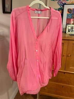 Sheer Silk Pink V-Neck Button-Front Women’s Top